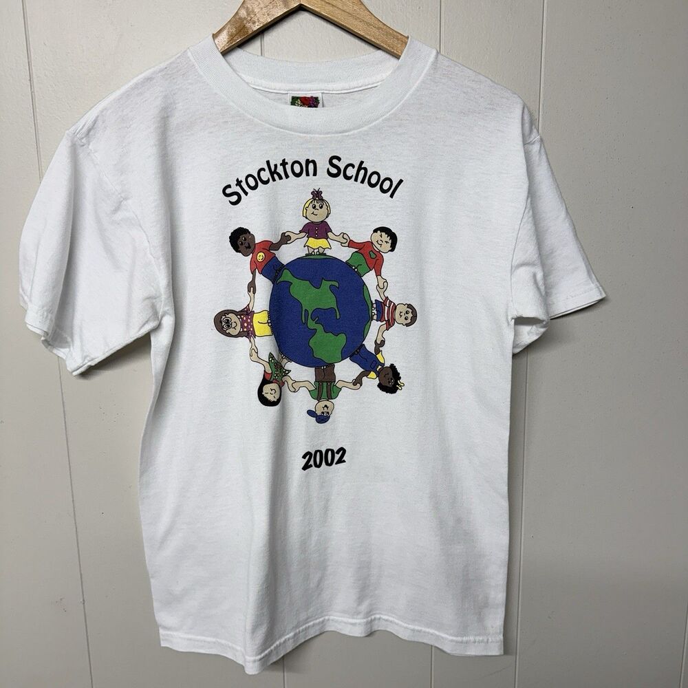 Vtg 2002 Stockton School T Shirt Y2K Globe Kids Holding Hands Women M GUC*